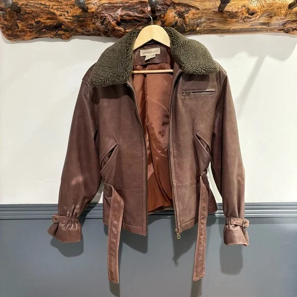 Colebrook & Co Vintage Women's Brown Leather Bomber Jacket Shearling Collar - Picture 1 of 14